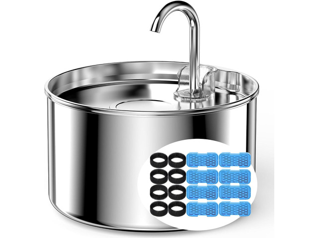 Cat Water Fountain Stainless Steel + 8 filters + 8 Sponges - Pet Water Fountains Faucet Metal Automatic Cat/Dog Waterer Bowls Pets Watering Running...