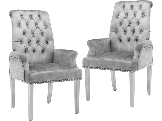 LOULENS Velvet Dining Chairs Set of 2, Dining Chairs with Arms, Grey Upholstered, High Back, Tufted, Luxurious, Stainless Steel Leg, for Kitchen...