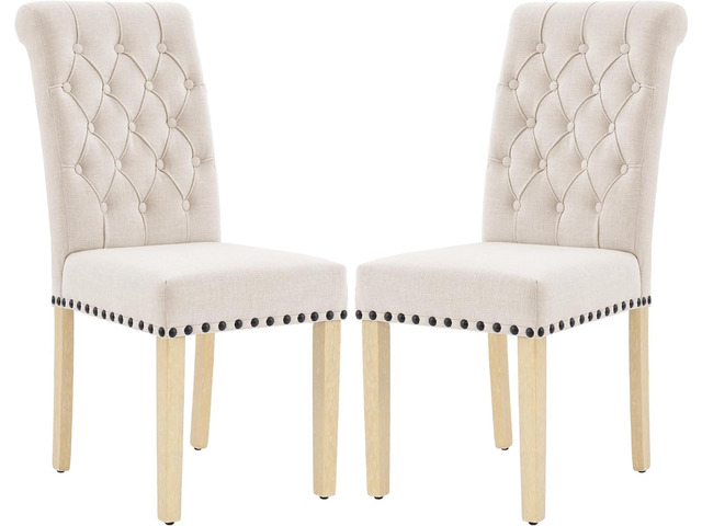 LOULENS Fabric Dining Chairs Set of 2, Upholstered Kitchen Chairs, Beige Linen, Solid Wood Legs, Parson Chairs, Nailheads Trim, Tufted, Kitchen &...