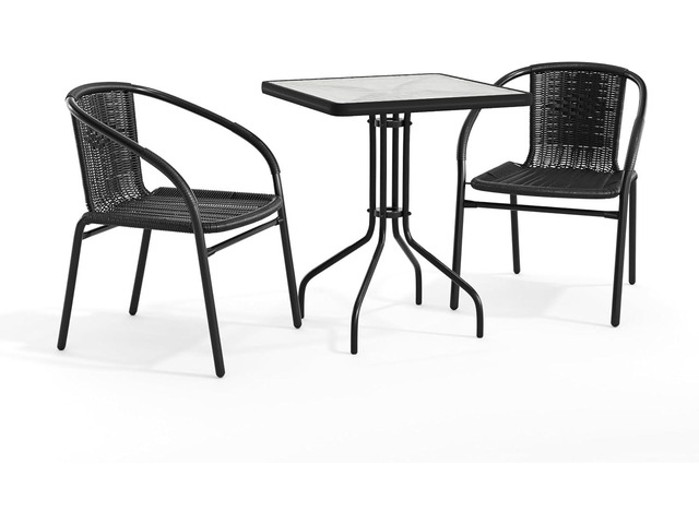 Flash Furniture Lila 23.5'' Square Glass Metal Table with 2 Black Rattan Stack Chairs Durable Construction, Commercial Use