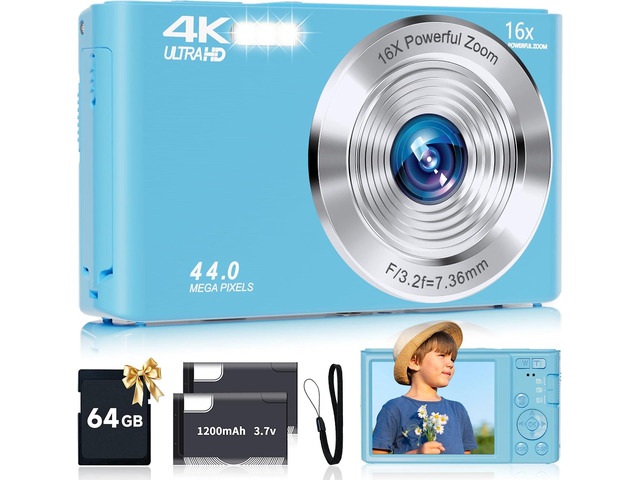 SMARTKLIK Digital Camera for Teens, FHD 4K 44MP with 64GB SD Card, 16X Digital Zoom, Compact Point Shoot Camera Blue