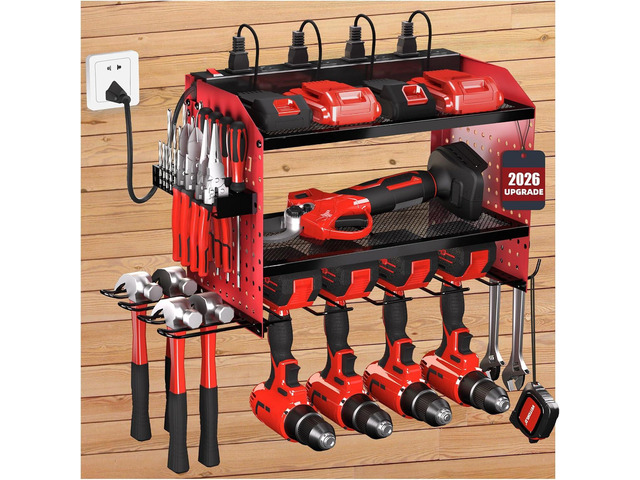Power Tool Organizer with Charging Station, Heavy Duty Modular Wall Mount Rack for Garage & Shed Organization, 4 Drill Holders, Fathers Day...