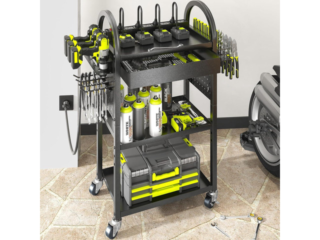 KAFAHOM Power Tool Cart with Charging Station, Rolling Cart with Drawer, Heavy Duty Power Tool Organizer with 360 Silent Wheels, Storage for...