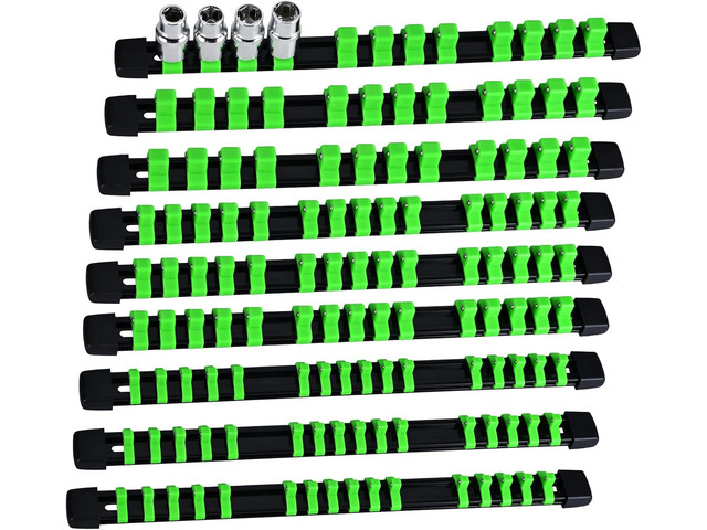Socket Organizer Set 9PCS ABS Holder Kit - 1/4-Inch x 48, 3/8-Inch x 45, 1/2-Inch x 36 Clips, Drive Tray, Rail - Green