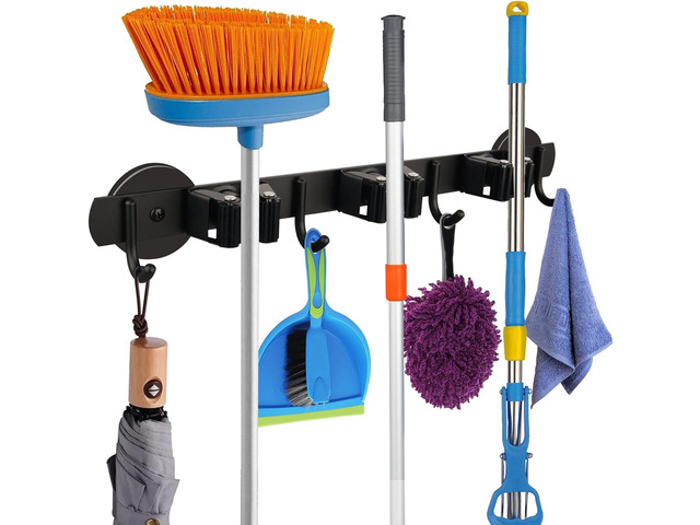 MUTUACTOR Magnetic Broom Holder,Anti-slip Heavy Duty Broom and Mop Hanger Metal Tool Holder 3 Racks and 4 Hooks for Laundry Garage Kitchen...