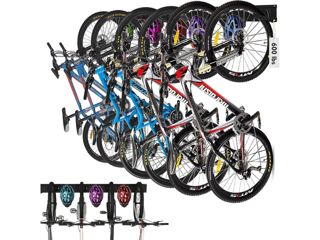 HORUSDY Stainless Steel Bike Storage Rack, 6 Bike Storage Hanger Wall Mount and 6 Helmets Hooks for Home & Garage Holds Up to 600lbs, Black