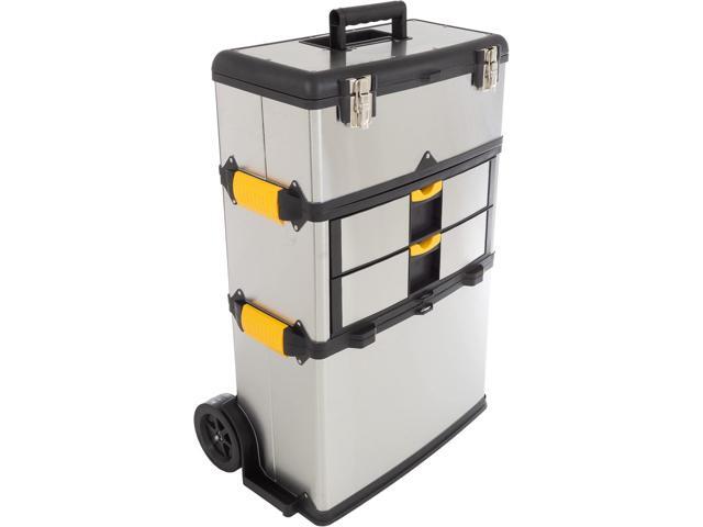 3-Part Portable Tool Box - Stainless-Steel Drawer Organizer with Wheels, Extendable Handle and Tough Latches - Rolling Tool Chest by Stalwart (Silver)