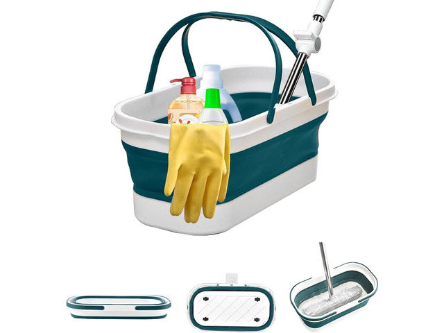 Collapsible Mop Wash Basin Bucket with Handle and Wheels, 12L (3.2 Gallon) Portable Plastic Basket Crate Tub for Storage Organization, Foldable...