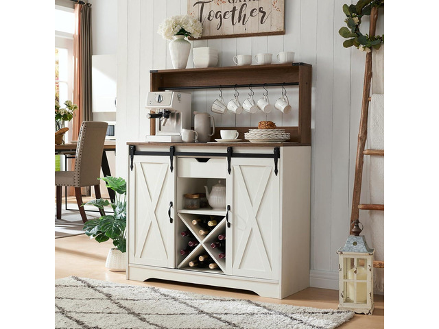 Wnutrees Farmhouse Coffee Bar Cabinet with Charging Station and USB, White