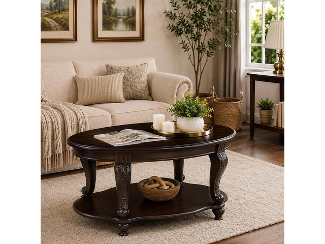 LKTART 42' Vintage Oval Coffee Table with Real Wood Veneer Top & Shelf, Antique Carved Legs with Solid Wood Feet, Elegant Center Table for Living...