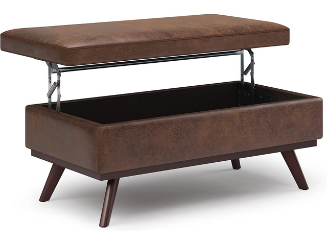 SIMPLIHOME Owen 42' Wide Vegan Leather Lift Top Ottoman in Chestnut Brown