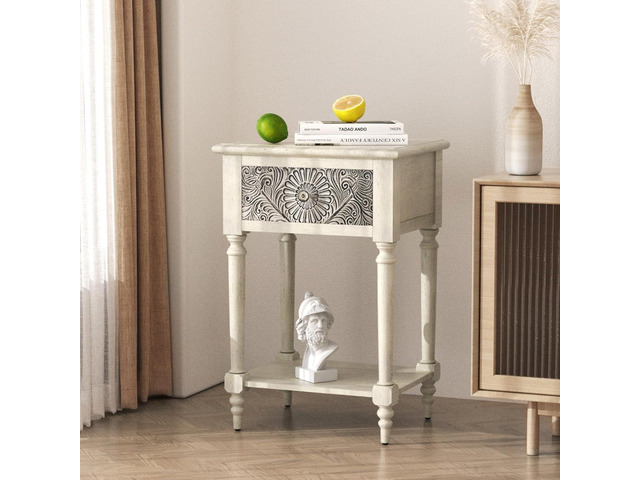 SUNBURY Vintage Nightstand with Drawer, Wood Small Bedside Table with Open Shelf, Shabby Accent End Side Table for Living Room, Bedroom