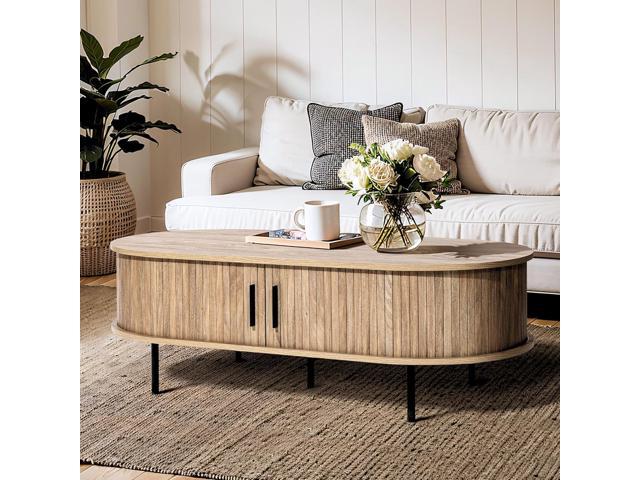 LuxenHome 47' Oval Coffee Table with Storage and Sliding Door