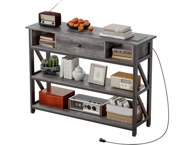 Mexin 39 Inch Console Table with 2 Outlet and 2 USB Ports, Entryway Table with Drawer and Storage Shelves, Narrow Sofa Table for Living Room and...