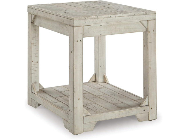 Signature Design by Ashley Fregine Farmhouse Rectangular End Table with Lower Open Shelf, Triangle Bracket Accents, Wood, 25.25' High, Weathered White