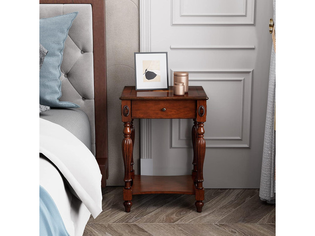 Wood End Table with Drawer & Storage Shelf,19.7'x15.7' Cherry Walnut