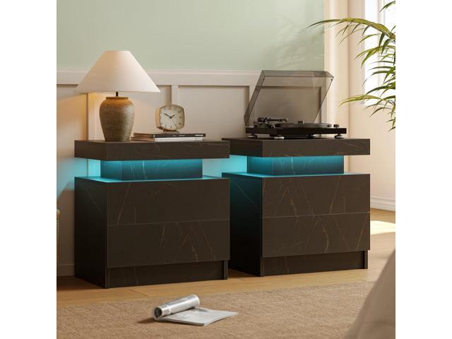 Nightstands Set of 2 with 2 Wood Drawers Modern LED Night Stand for Bedroom