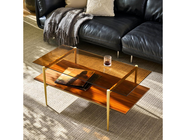 Saint Mossi Tadio Double Layer Glass Coffee Table for Living Room, Brown Glass & Coffee Brown MDF Bottom Shelf