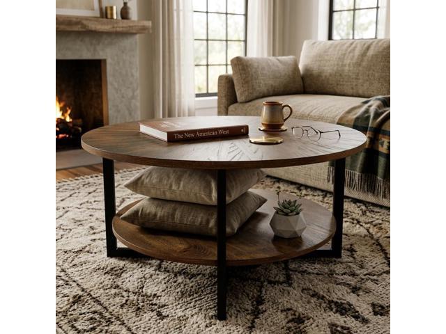 Round Coffee Table with Storage Shelf, Farmhouse Living Room Cocktail Black Metal Legs, Circular Solid Wood Center Tea Table, Sofa...