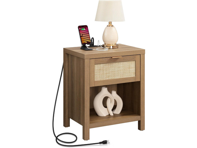 SICOTAS Rattan Night Stand with Charging Station Farmhouse Nightstand