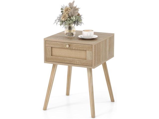 Giantex Boho Rattan Nightstand, Mid Century Wood Night Stands with Rattan Weaving Drawer, Bedside Table with Solid Wood Legs, End Side Table for...