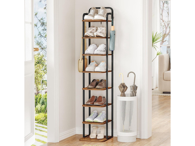 Hzuaneri 8 Tiers Vertical Shoe Rack, Narrow Shoe Tower, Tall Shoes Shelf with 2 Hooks, Adjustable Shelves, Corner Shoes Shelves for Small Spaces,...