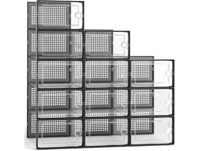 Kuject 12 Pack Large Shoe Boxes, Clear Stackable Containers with Lids,Black