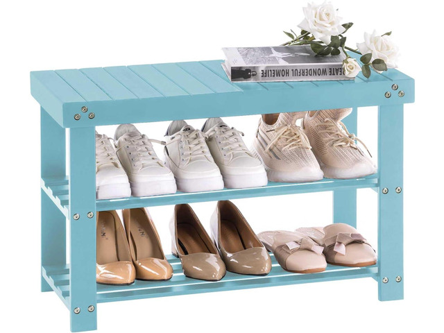 Apicizon Bamboo Shoe Rack for Entryway, 3-Tier Shoe Rack Bench for Front Indoor Entrance, Small Shoe Organizer with Storage, Blue