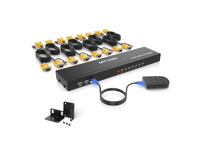 MT-VIKI KVM Switch 8 Port, 8X1 Rackmount KVM Switch VGA, Included 8 2-in-1 KVM Cables & Wire-Desktop Selector & Power Adapter, Fit 1U 19'' Rack