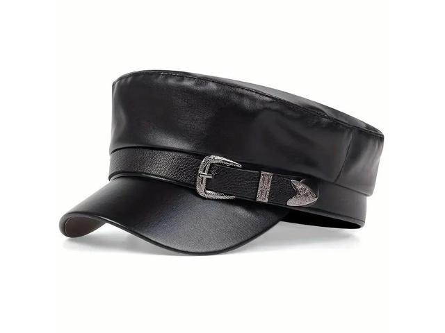 Fashion Women's Large Belt Buckle Leather Hat Spring and Autumn Sailor Black Women's Beret Men's Flat Top Captain