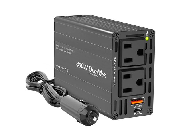 400W Car Power Inverter 12V to 110V AC24W+65W USB C, Laptop Charger 65w Fast Charger,2 AC Output,Aluminum alloy casing