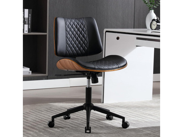 Home Office Chair No Arms with Wheels, Adjustable Height Small Desk Chair, PU Leather Mid Back 360 Swivel Computer Chair, Armless Modern Walnut...