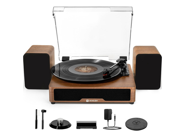Vinyl Record Player with External Speakers, 3 Speed Belt-Drive Turntable for Vinyl Records, Portable Bluetooth LP Players, Walnut Wood Vintage...