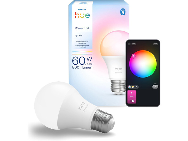Essential Smart LED A19 Bulb, White and Color Ambiance, E26 Base, 8.8W, 2200K-6500K, 800 Lumens, Dimmable, Works with Alexa, Google, and Apple...