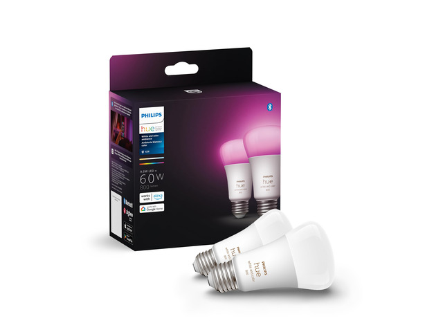 Smart 60W A19 LED Bulb - White and Color Ambiance Color-Changing Light - 2 Pack - 800LM - E26 - Indoor - Control with Hue App - Works with Alexa,...