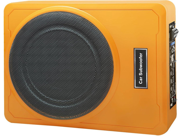 10 Inch 1200W Orange Car Subwoofer,Slim Under Seat Car Subwoofer Powered, High/Low Level Input, Car/Truck Car Audio Subwoofer Sub Built in Amplifier