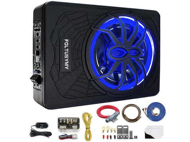 1200W 10' Slim Under Seat Powered Car Subwoofer, High/Low Level Input, Car/Truck Audio Sub Built-in Amplifier amp Combo Package, with Blue LED Light