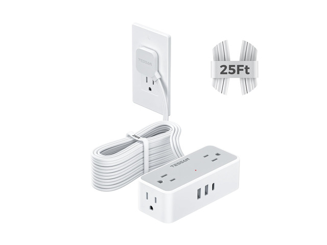 Extension Cord 25 FT, Power Strip with 900J Surge Protection, Grey 4 AC Outlets 1 USB C and 2 USB A Ports, Flat Plug, Multiple Wall Outlet Extender...