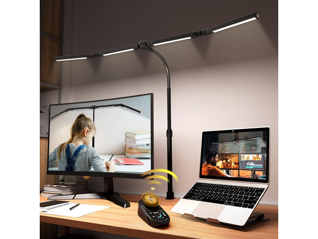 Adjustable LED Desk Lamp with Clamp & Remote, Wide 4-Head Eye-Caring CRI95+, Stepless Dimming & Color Temp Control, Flexible Neck, 5-Mode, For...