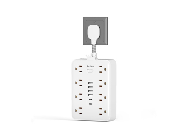 Outlet Extender, 14-in-1 Wall Mount Power Strip 8AC 6USB,White 1' Ultra-Short Cord, 14-in-1 8AC 6USB(2 USB-C), 900J Surge Protection & Safety...