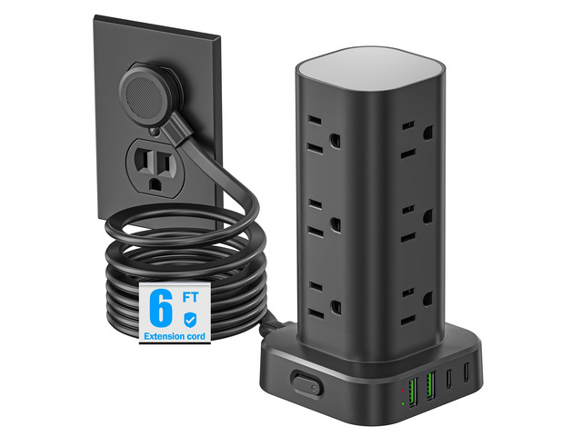 Tower Power Strip with Surge Protector - 12 AC Outlets & 4 USB Ports (2 USB-C), 6FT Extension Cord, Charging Station Tower for Home Office Dorm...