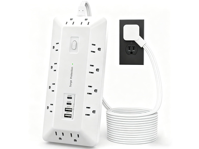 6 Ft Surge Protector Power Strip with 1800J, Extension Cord with Multiple Outlets 12AC+4USB(2USB-C Port for 20W), Flat Plug Outlet Extender with...