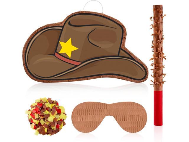 Lewtemi 15.7 Inch Cowboy Hat Piñata Western Cowboy Theme Birthday Party Decors Favors with Blindfold Stick Confetti Photo Prop Candy Holder Baby.