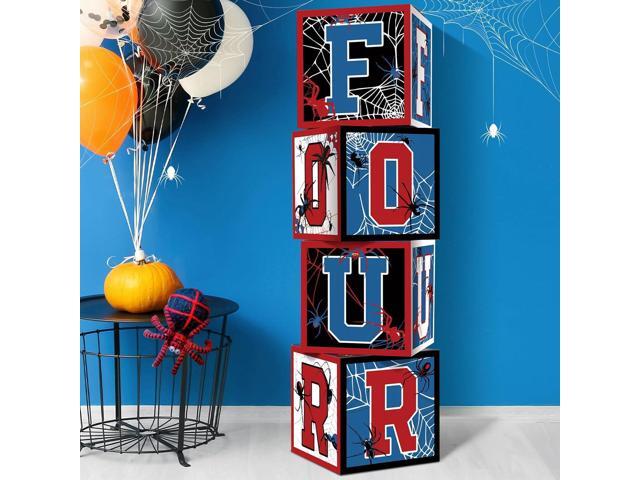 Feifeiya 4 Pcs Spider 4th Birthday Decoration Spider Theme Balloon Boxes One Baby Letter Box Theme One Blocks for Boy Fourth Birthday Party.