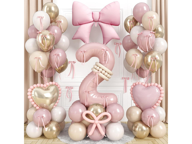 40 Inch Dusty Pink Balloon Number 2, Blush Pink Gold Beige Latex Balloons 2nd Birthday Decorations with Bow Heart Foil Balloon Ribbon Bow for Girls...