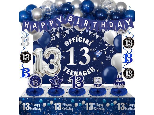 13th Birthday Decorations for Boys Girls, Blue Silver 13 Year Old Boy Bday Decor, Number 13 Balloon Happy 13th Birthday Banner Backdrop Honeycomb.