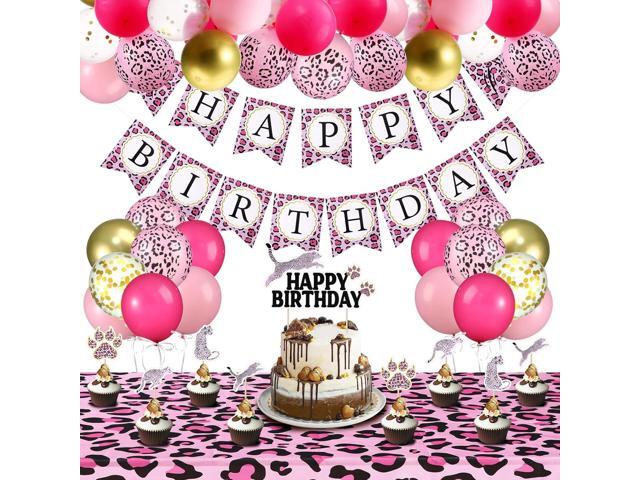 Civaner 51 Pieces Pink Cheetah Birthday Decorations Including Cheetah Birthday Banner Theme Balloons Leopard Cake Topper Safari Animal Print.