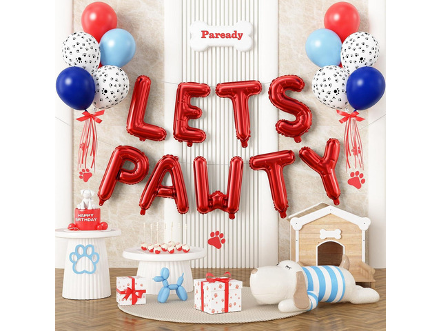 Paready Dog Birthday Balloons, 19 Pcs 16 Inch Red Lets Pawty Birthday Decorations Balloons Banner, Red Blue Balloon Print Balloon Helium for Pet...