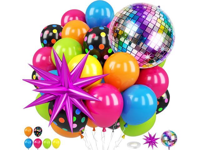 Neon Balloons, 80s 90s Disco Hot Pink Blue Green Orange Yellow Neon Dot Balloons with Star and Disco Ball Foil Balloons for 80s 90s Rock Theme Diso.