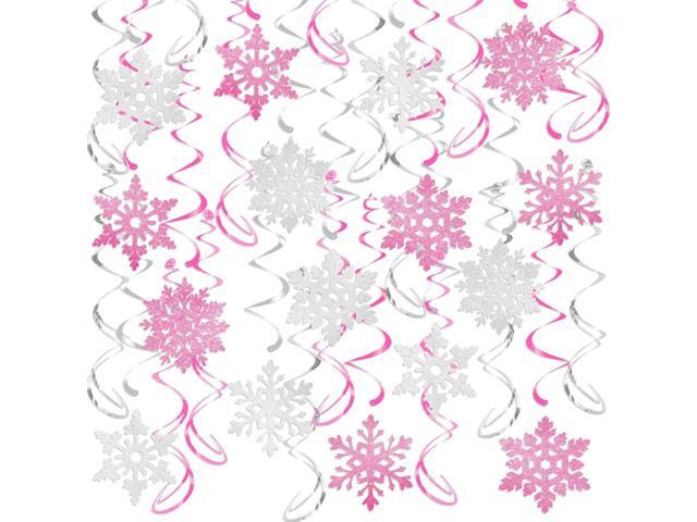 32 Pcs Pink Silver Glitter Snowflake Hanging Swirls Decoration Christmas Ceiling Decorative Streamers Snowflake Ornaments Garland Winter Holiday.